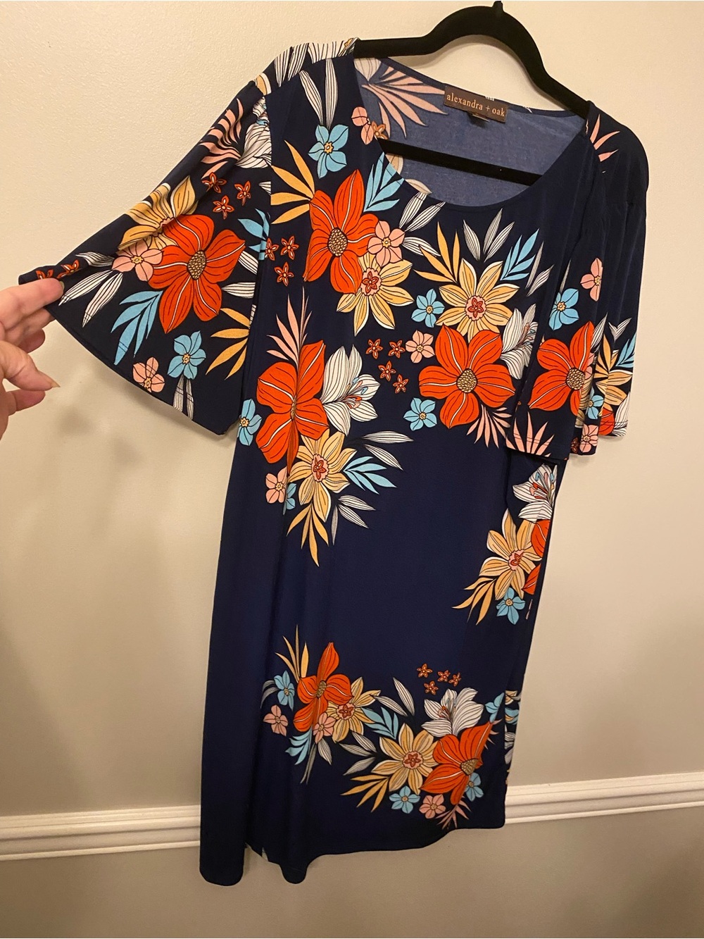 Alexandra + Oak Navy Floral Midi Dress with Orange & Cream Blooms